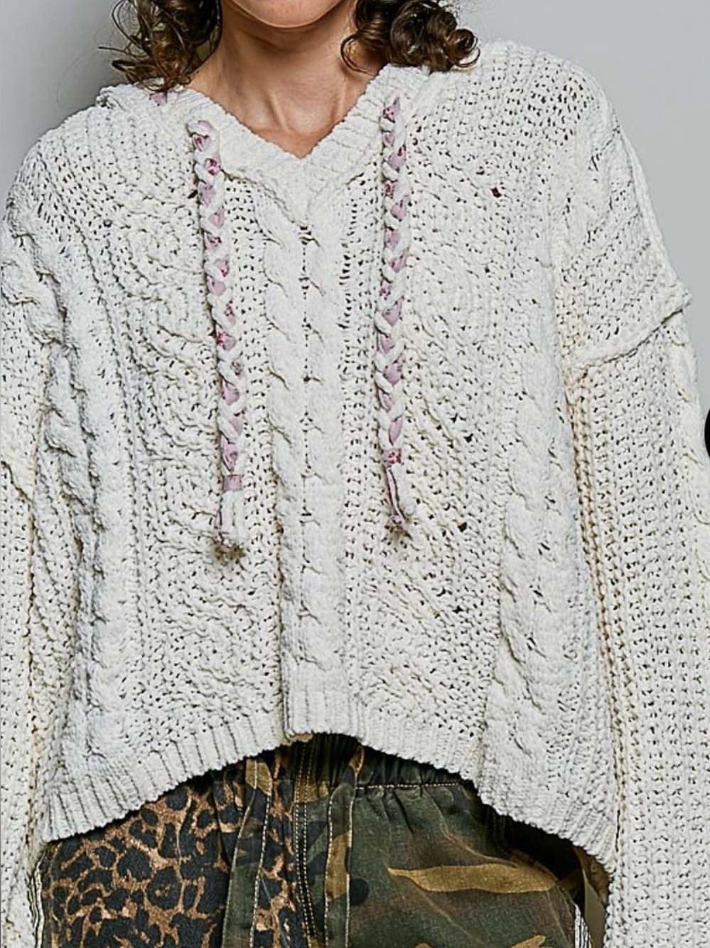 POL Cream Knit Cover-Up Sweater with Pink Braid Accents Small